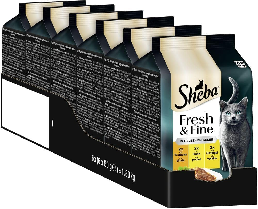 Sheba Portion Bags Comida húmeda para gatos, paquete múltiple de gelatina fresca y fina de pavo y pollo, 6x6x50 g - Comida para gatos con gelatina de pavo y pollo de alta calidad