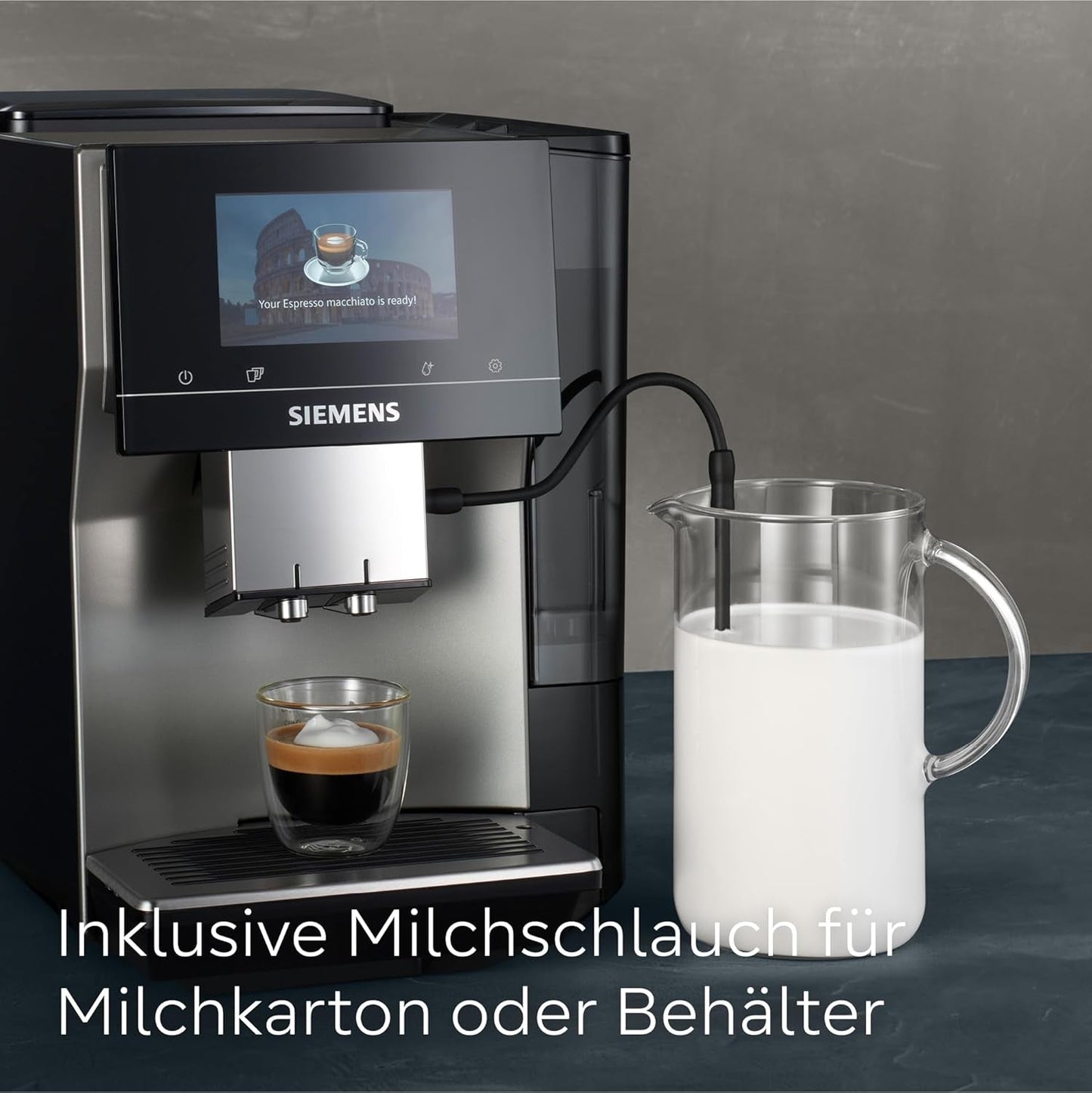 Cafetera espresso automática Siemens EQ700 classic TP715D01, control por aplicación, preparación en frío, pantalla táctil intuitiva, hasta 10 creaciones de café individuales como favoritas, limpieza automática con vapor, 1500 W, gris plateado
