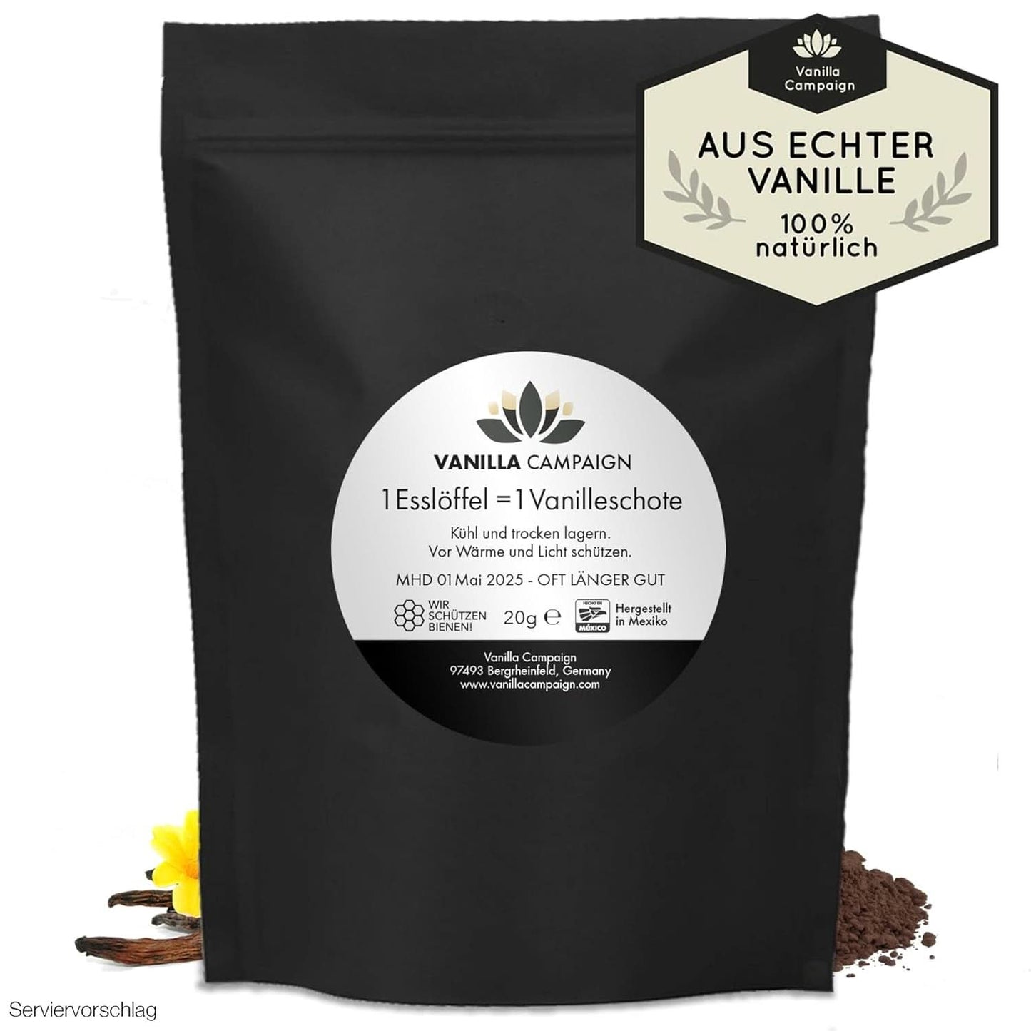 Vainilla en polvo premium de auténticas vainas de vainilla, natural, sin azúcar, sin aditivos, de comercio justo, vegana (40 g sin caja) de Vanilla Campaign® Flavors Naty Shop