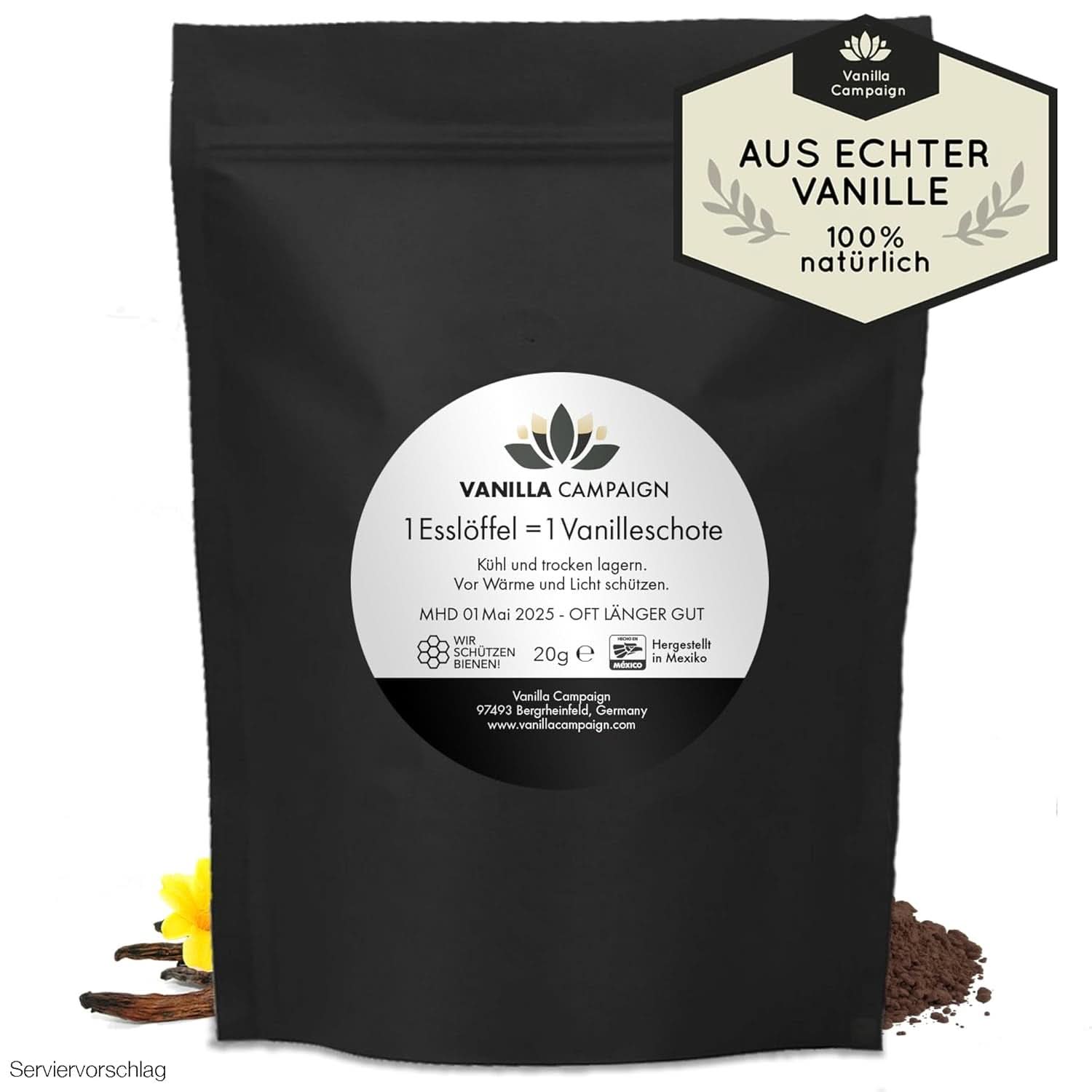 Vainilla en polvo premium de auténticas vainas de vainilla, natural, sin azúcar, sin aditivos, de comercio justo, vegana (40 g sin caja) de Vanilla Campaign® Flavors Naty Shop