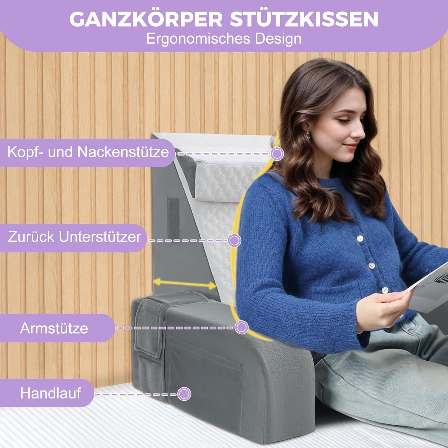 Almohada de lectura grande con asa, espuma de alta densidad, almohada ergonómica para la espalda, reposabrazos, soporte para el cuello y reposacabezas, cojín de asiento reclinable para dormir, jugar, mirar televisión, para cama y sofá