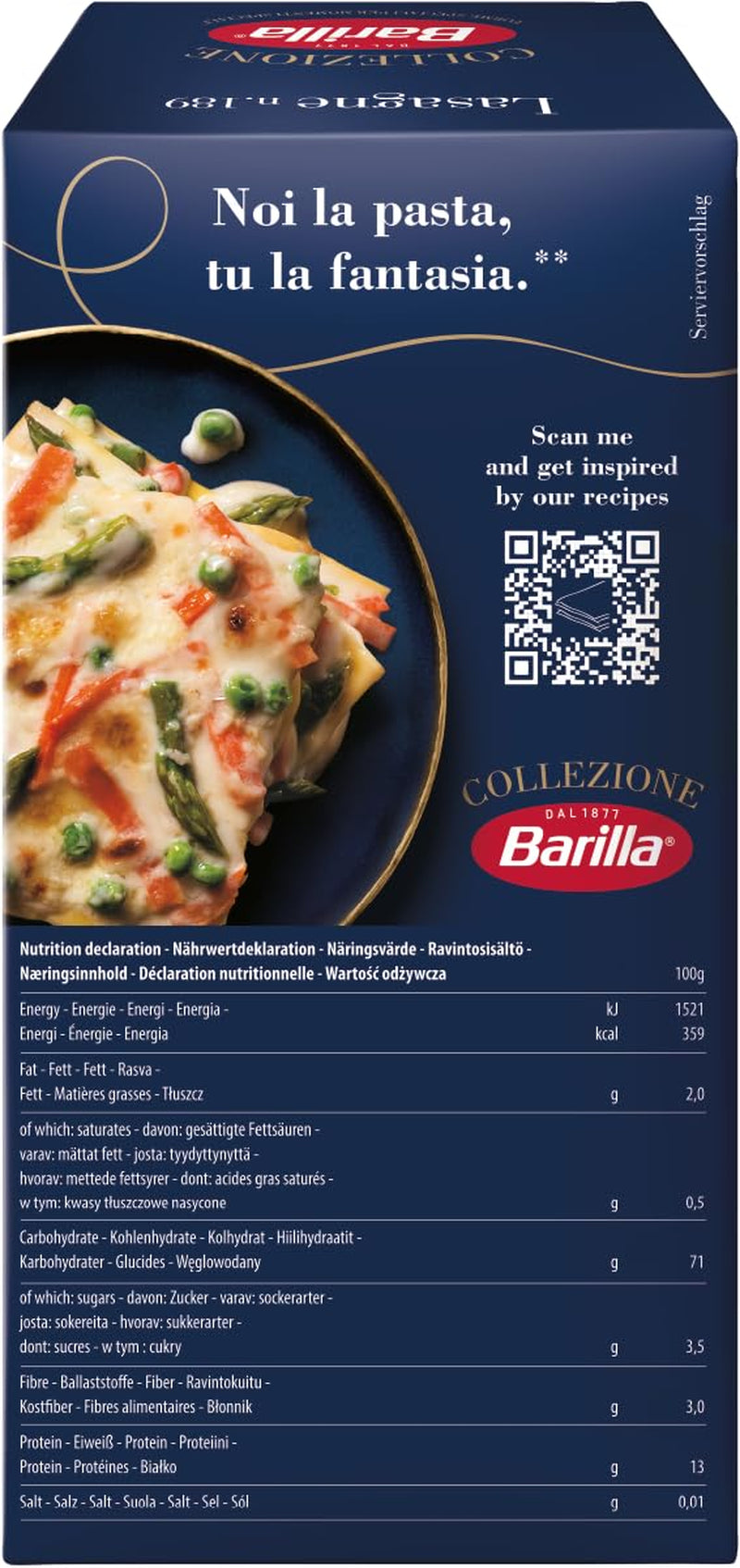 Barilla Collezione Lasaña Pasta de trigo duro, siempre al dente, 500g