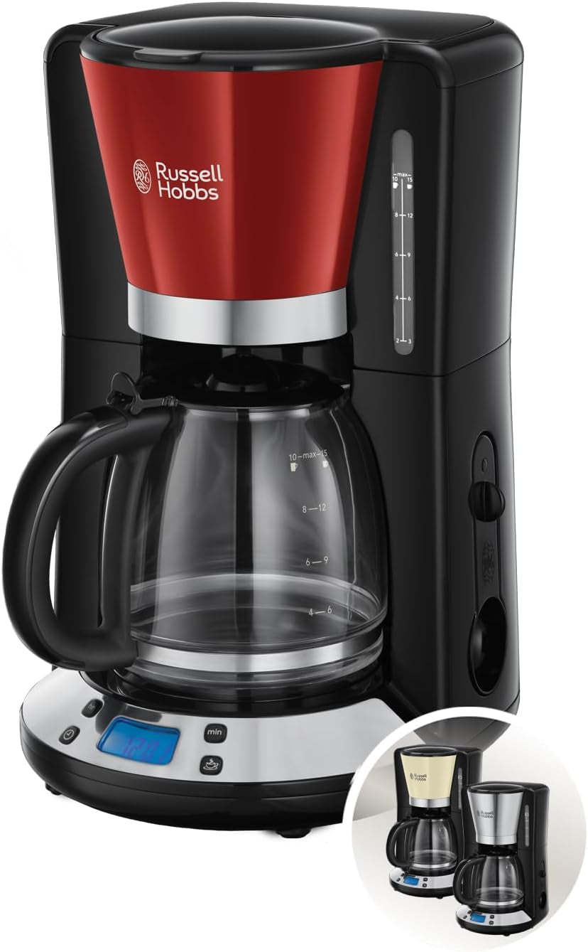 Cafetera Russell Hobbs [Temporizador digital, cabezal de ducha para una extracción y aroma óptimos] Colors+ Creme (1 a 10 tazas, jarra de vidrio de 1,25 L, placa calefactora, 1100 W) Cafetera de filtro 24033-56