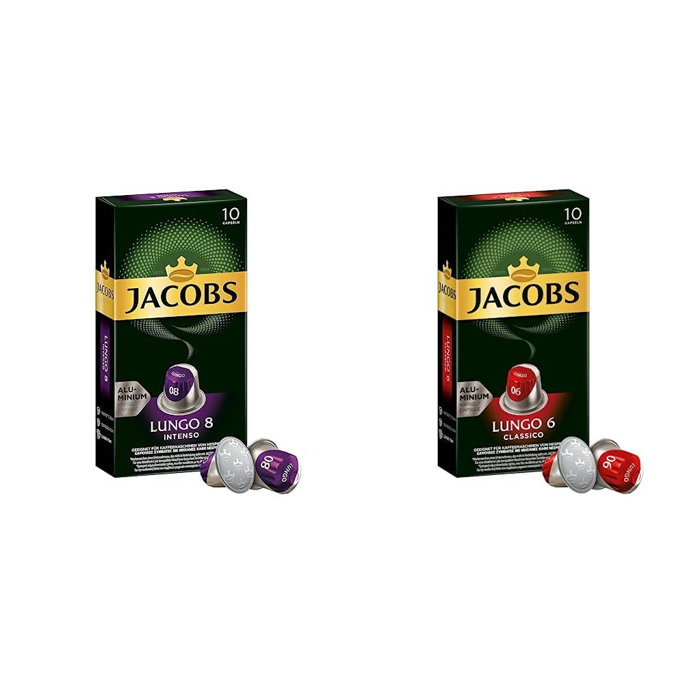 Jacobs Kapseln Lungo Intenso, Intensität 8 & Kapseln Lungo Classico, Intensität 6, 100 cápsulas de café compatibles con Nespresso®*, paquete de 10, 10 x 10 unidades