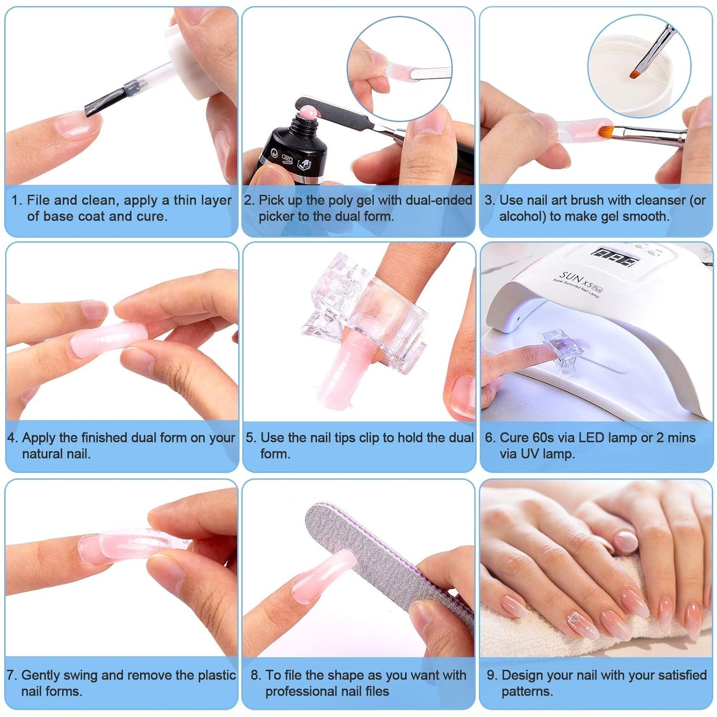 Juego de formas de uñas de 120 piezas, extensiones de uñas, formas de uñas de gel, juego de formas de uñas con cepillo de doble cabeza y lima de uñas con clips, para uñas de gel