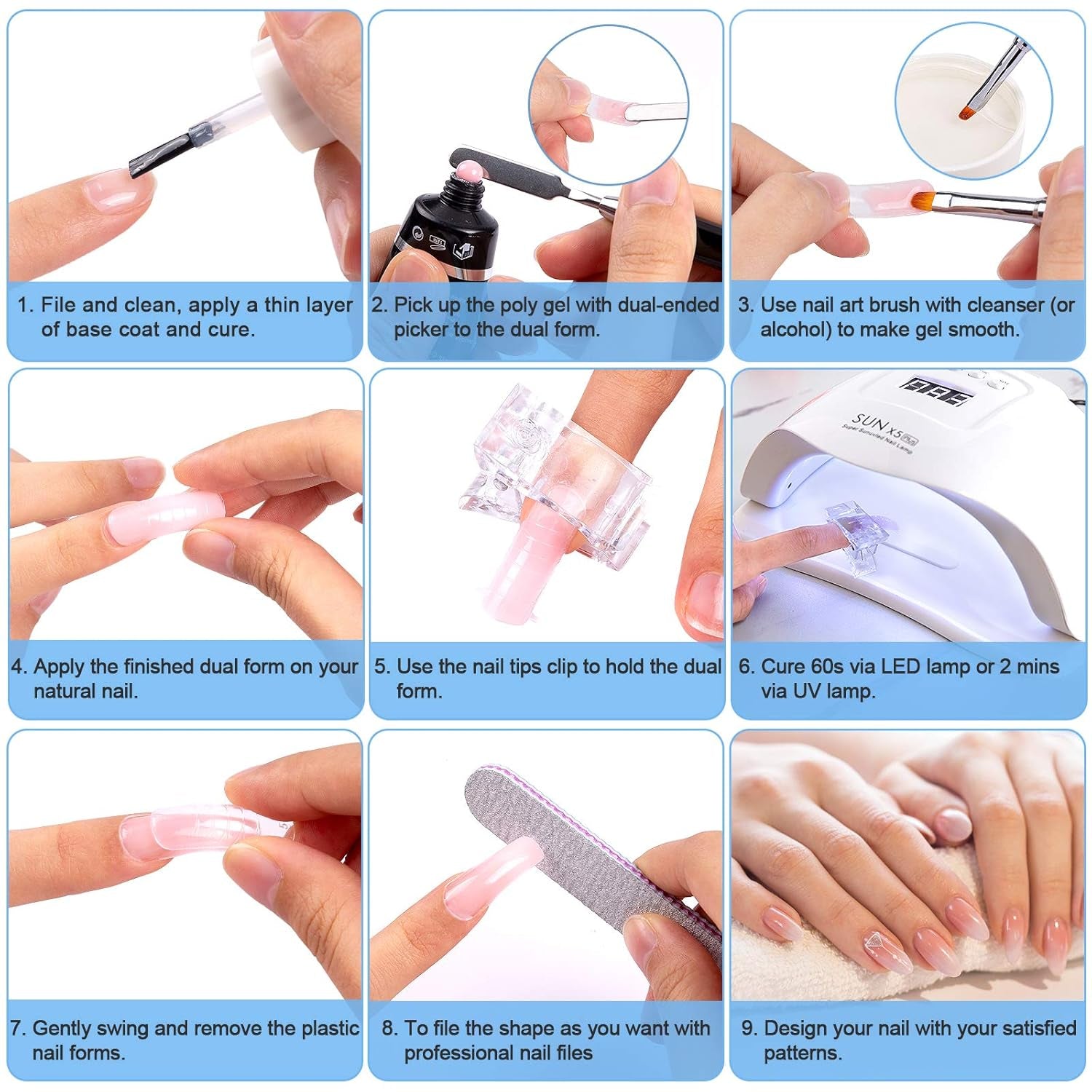 Juego de formas de uñas de 120 piezas, extensiones de uñas, formas de uñas de gel, juego de formas de uñas con cepillo de doble cabeza y lima de uñas con clips, para uñas de gel