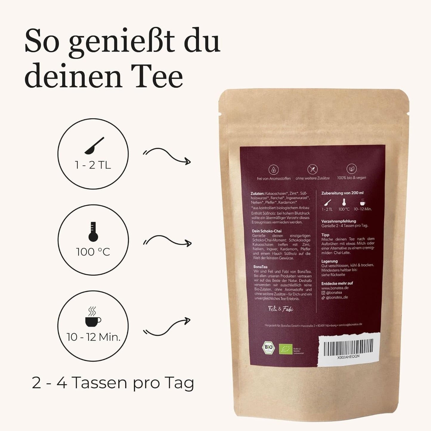 Té especiado BIO Schoko Chai sin azúcar, con vainas de cacao, canela, regaliz y otras especias aromáticas Chai, 100 g