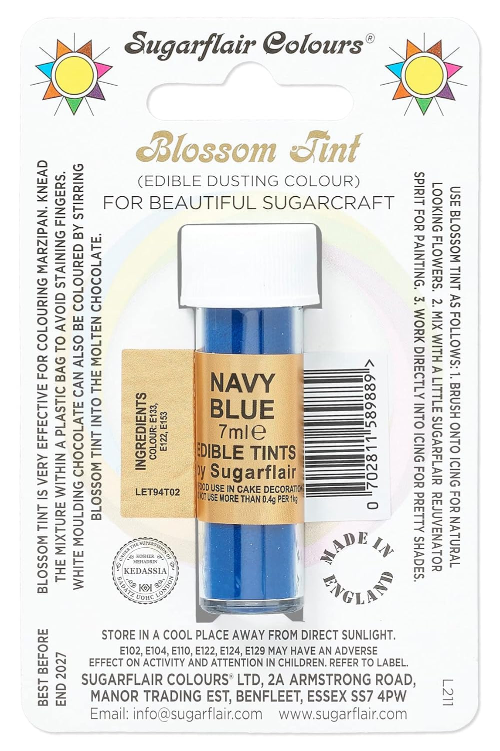 Colorante alimentario en polvo Sugarflair Blossom Tint Dusting, azul marino - Colorante alimentario en polvo para decorar pasta de azúcar de colores, fondant, glaseado, chocolate, crema de mantequilla, macarrones - 7 ml