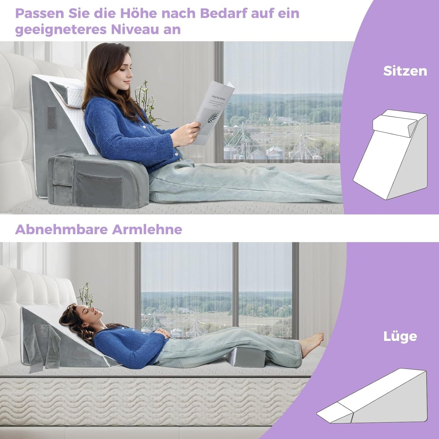 Almohada de lectura grande con asa, espuma de alta densidad, almohada ergonómica para la espalda, reposabrazos, soporte para el cuello y reposacabezas, cojín de asiento reclinable para dormir, jugar, mirar televisión, para cama y sofá