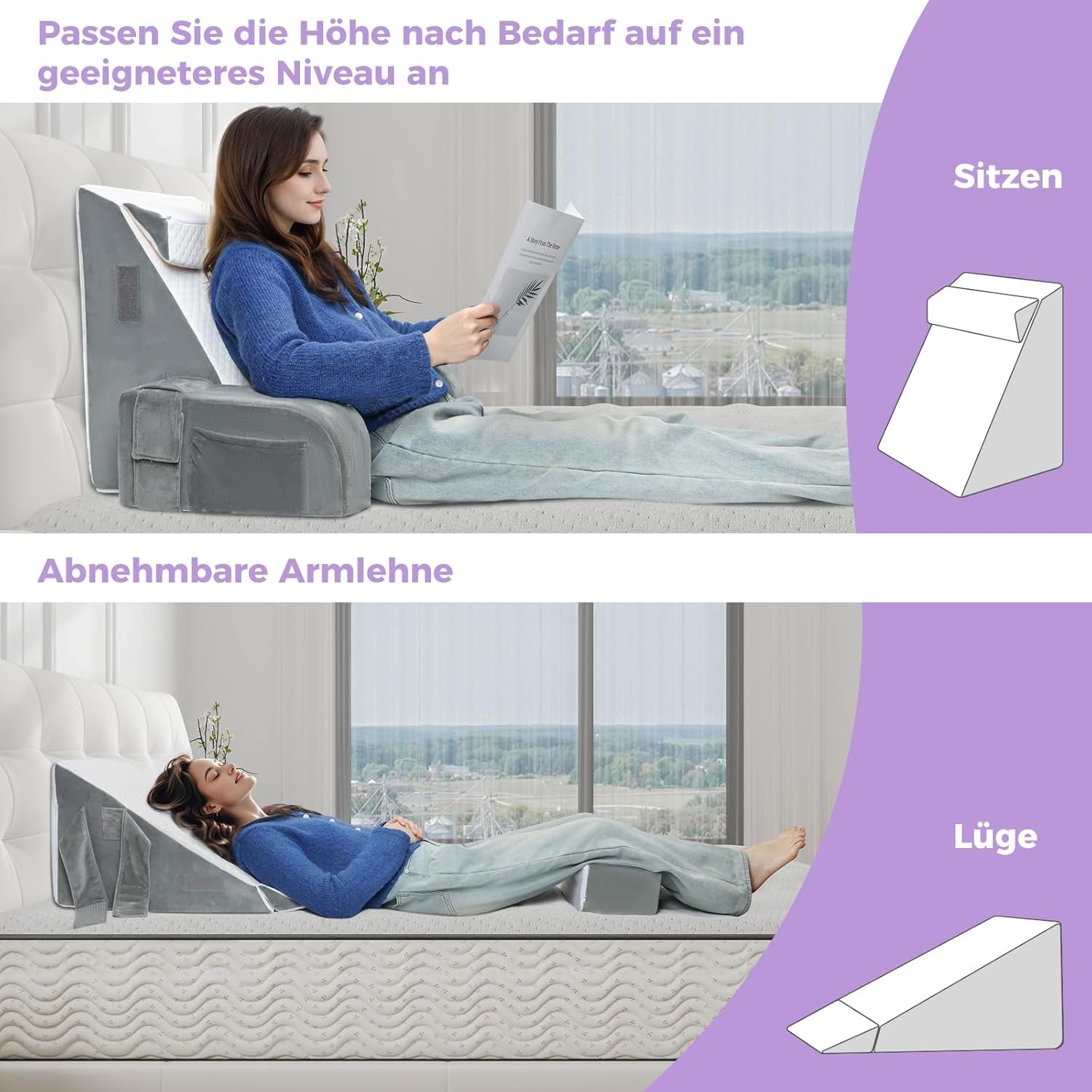 Almohada de lectura grande con asa, espuma de alta densidad, almohada ergonómica para la espalda, reposabrazos, soporte para el cuello y reposacabezas, cojín de asiento reclinable para dormir, jugar, mirar televisión, para cama y sofá