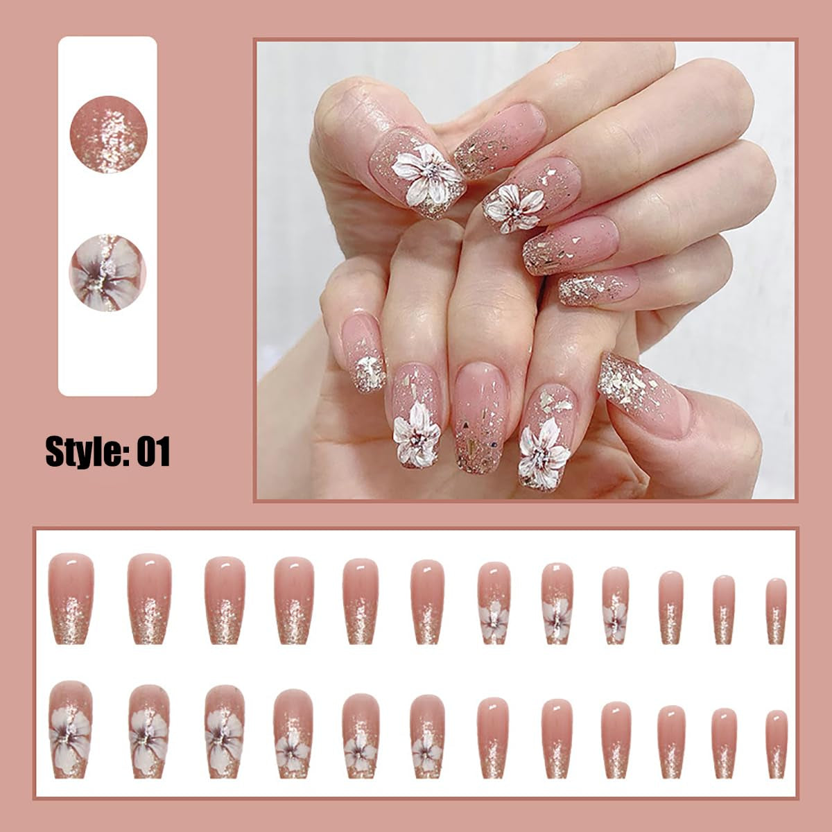 Uñas artificiales con purpurina Natural, prensa corta sobre uñas acrílicas autoadhesivas con purpurina para mujeres y niñas, accesorios para decoración de uñas, 48 ​​Uds.