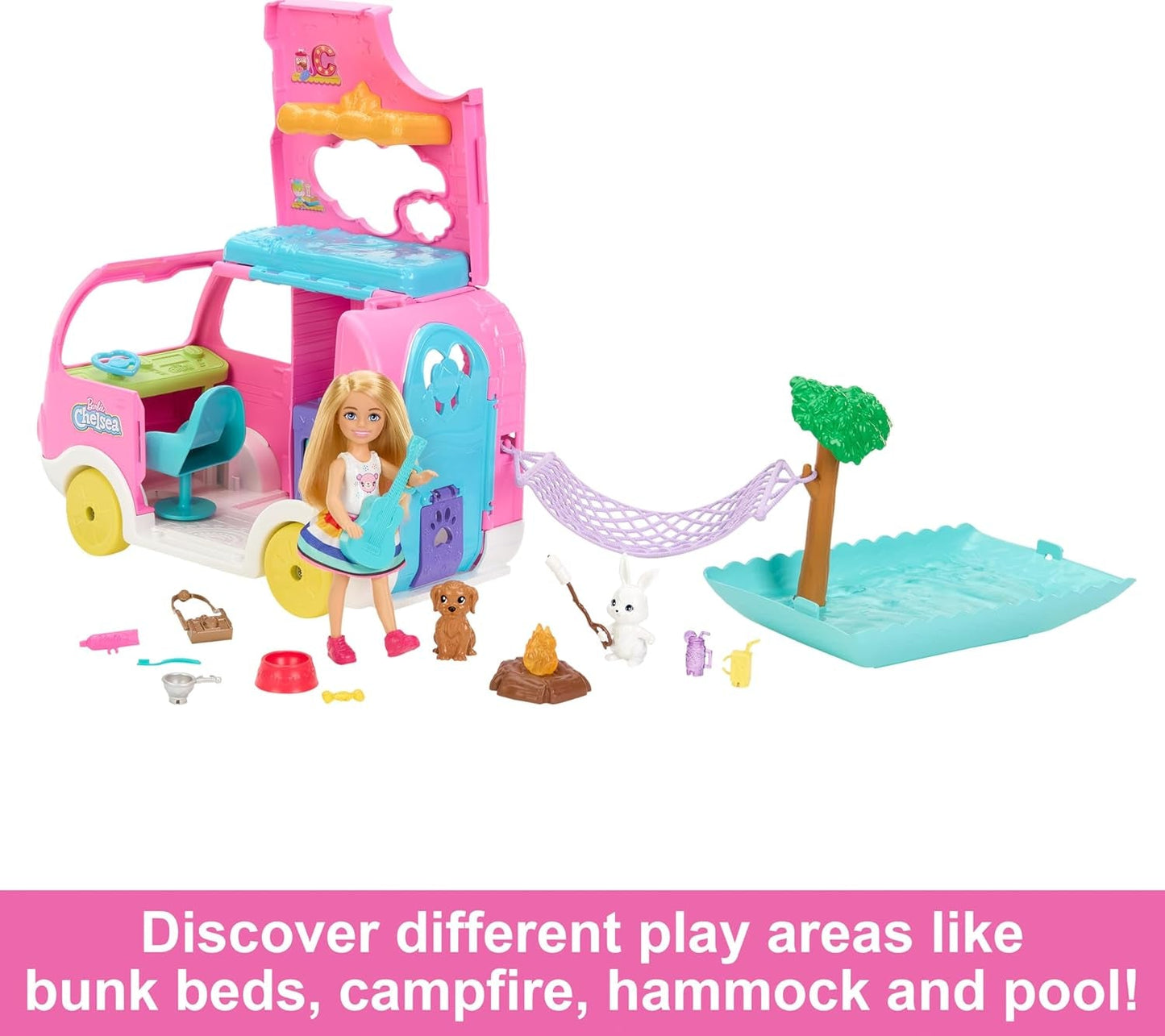 Caravana Barbie Chelsea 2 en 1: vehículo de juguete con piscina, hamaca y comedor para juegos imaginativos y cuentos, a partir de 3 años, HNH90