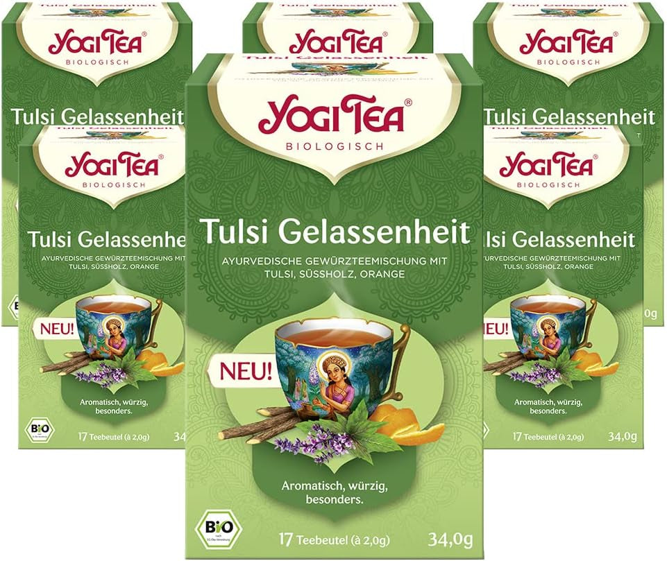 Yogi Tea - Tulsi Serenity, té de hierbas ayurvédico, sin cafeína, mezcla de Tulsi - albahaca sagrada, regaliz y naranja, té Yogi, paquete de 6, 6 x 17 bolsitas de té (102 bolsitas de té)