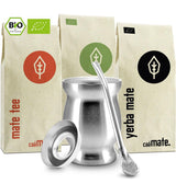 Juego de Té Mate Bio ● 3 Surtidos de Mate + Taza de Mate de Acero Inoxidable de Doble Pared + Bombilla + Instrucciones de Preparación (Negro)