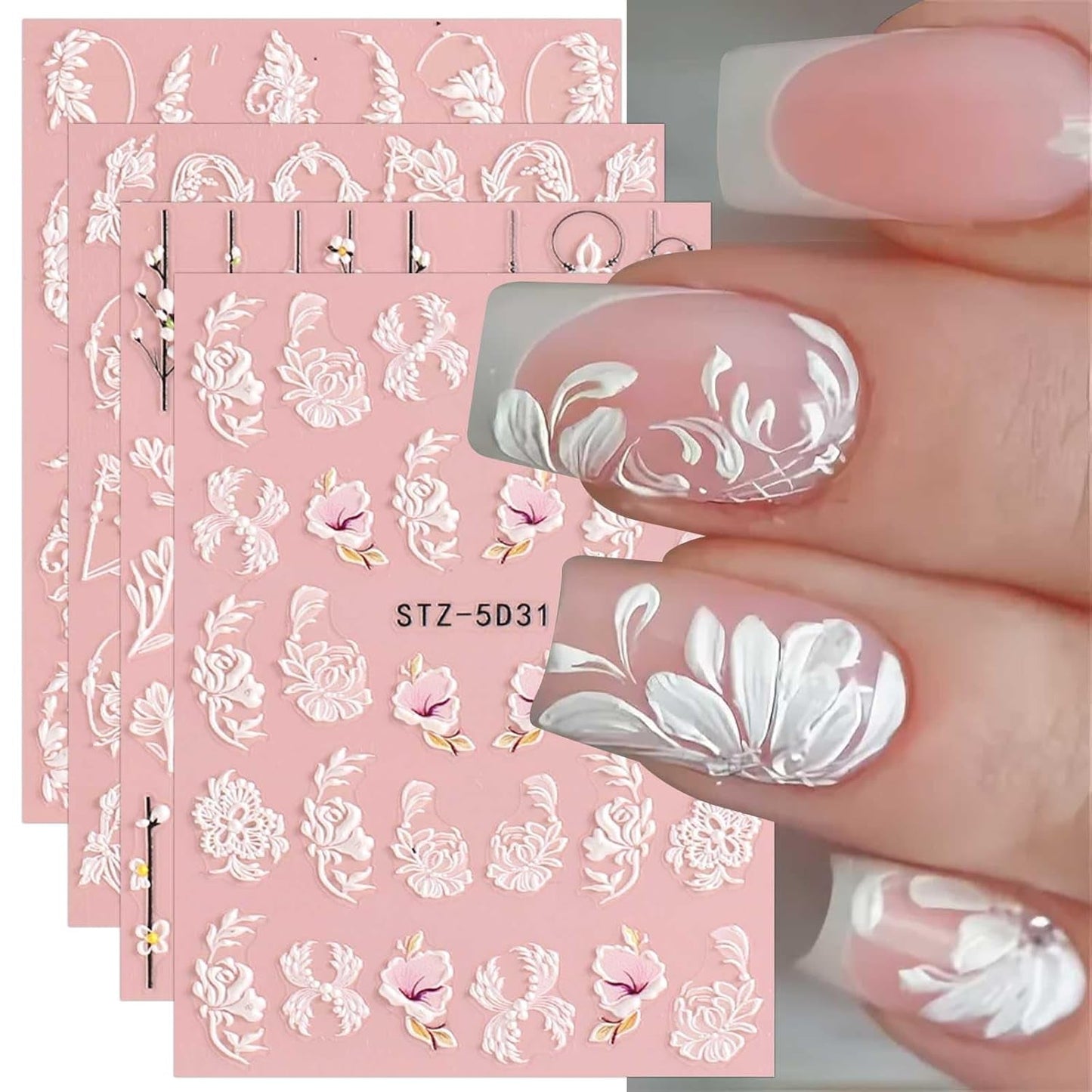 4 Blatt 3D Nagelsticker Frühling Blume Nagelaufkleber 5D Stereoskopisch Selbstklebend Nail Art Sticker Decoración Nageldesign Zubehör