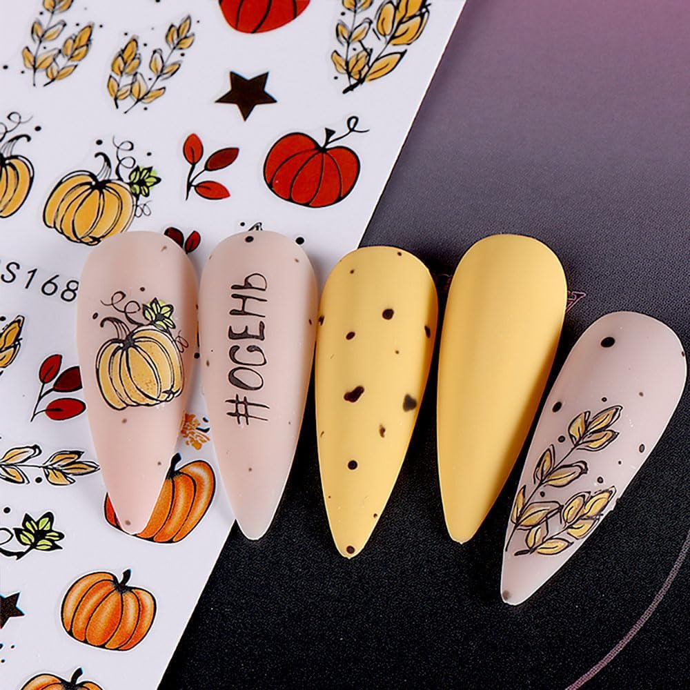 Pegatinas de uñas de otoño 3D, pegatinas de uñas de hojas de calabaza, líneas geométricas, flores, pegatinas de uñas, diseño del día de Acción de Gracias, pegatinas de uñas de calabaza de otoño, accesorios de uñas, arte de uñas