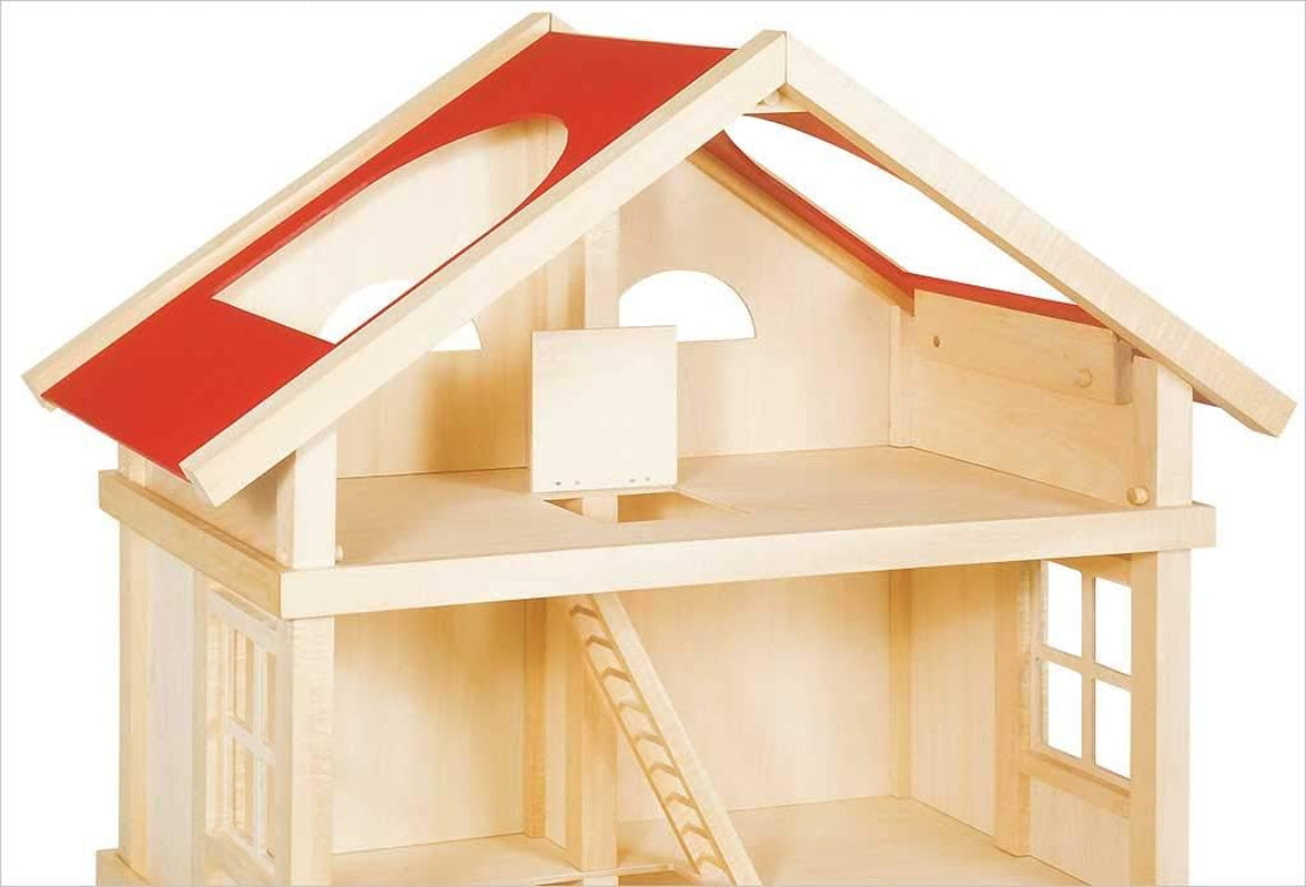 51957 Casa de muñecas de madera, 65 x 35 x 87,5 cm - Casa de muñecas grande de madera, 3 pisos, diseño abierto, techo rojo, escaleras y balcón para juegos de rol creativos, mundo de juegos de casa de muñecas