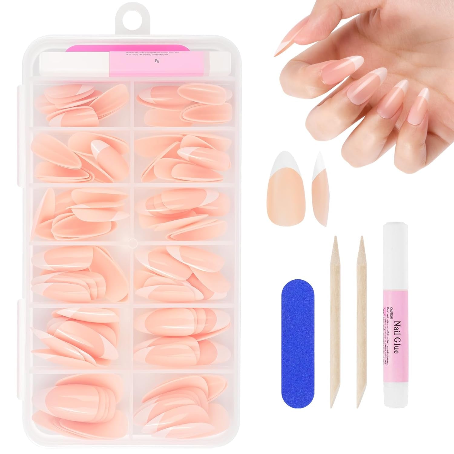 Juego de 240 puntas de uñas postizas, prensa francesa en uñas postizas, prensa en uñas francesas, 12 tamaños, uñas postizas con pegamento para mujeres y hombres (blanco desnudo, almendra mediana)