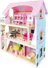 Bino World of Toys Casa de muñecas con balcón, Juguete para niños a partir de 3 años, con 3 plantas, escaleras, 4 habitaciones y balcón incl. 15-TLG. Accesorios, Para fomentar las habilidades de los niños, Diseño rosa Naty Shop casas de muñecas