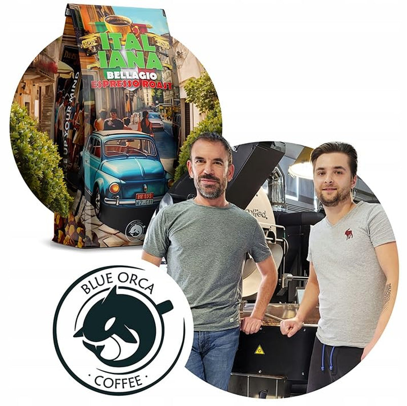 Café tostado en grano Italiana Bellagio 1kg | 80% Arábica y 20% Robusta | con toques de nueces y chocolate negro | recién tostado, baja acidez | para cafeteras | Café Orca Azul
