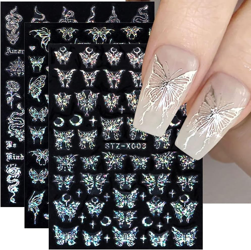 6 Blatt Schmetterling Nagelsticker Selbstklebend Laser Silber Schmetterlings Nagelaufkleber 3D Aurora Silber Schwarz Schmetterlinge Nagel Pegatinas Frühling Nageldesign Nail Sticker Nail Art Zubehör