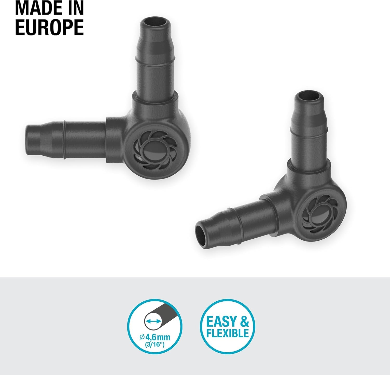 Pieza en L para Gardena Micro-Drip de 4,6 mm (3/16 pulgadas): para cambiar la dirección de distribución y las líneas de goteo en 90 grados, instalación sin dobleces, tecnología de conexión fácil y flexible (13212-20)