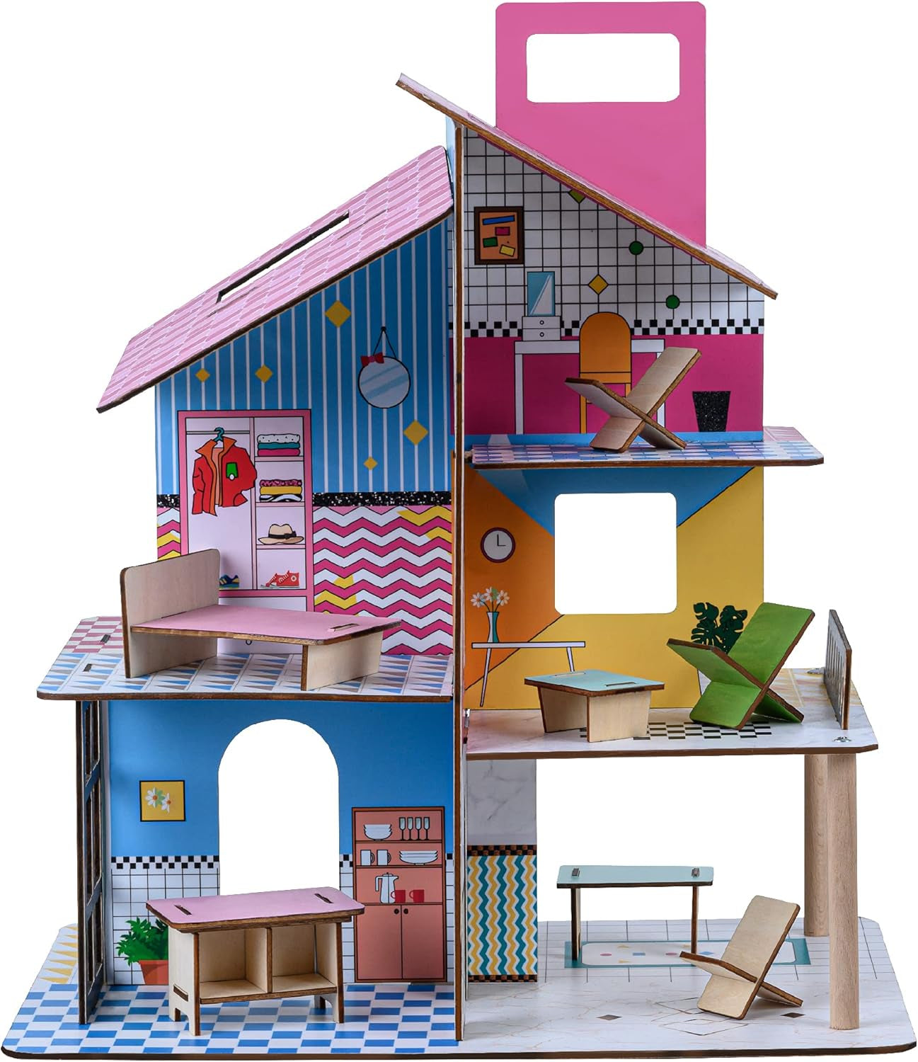 Olivia's Little World 360 Casa de muñecas de madera para niños, muñecas de 3,5" y 12 accesorios, multicolor TD-13260C