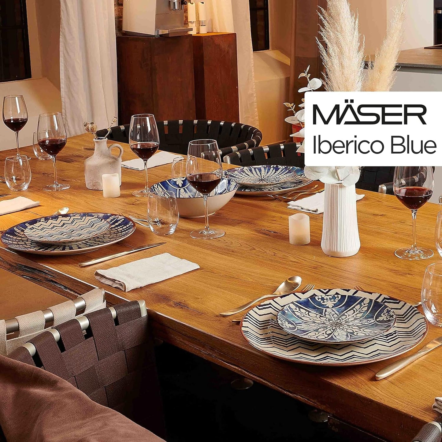 MÄSER 934017 Vajilla Iberico Blue para 4 personas, 12 piezas, estilo morisco, varios diseños vintage en blanco y azul, cerámica