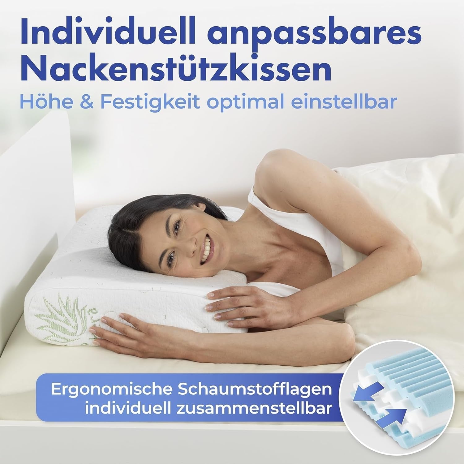 Almohada de soporte para el cuello viscosa Maximex, Almohada de soporte transpirable con relleno de espuma ergonómico, Almohada de soporte para el cuello ajustable en altura y altura para un sueño reparador, Con aloe vera Almohadas estándar Naty Shop