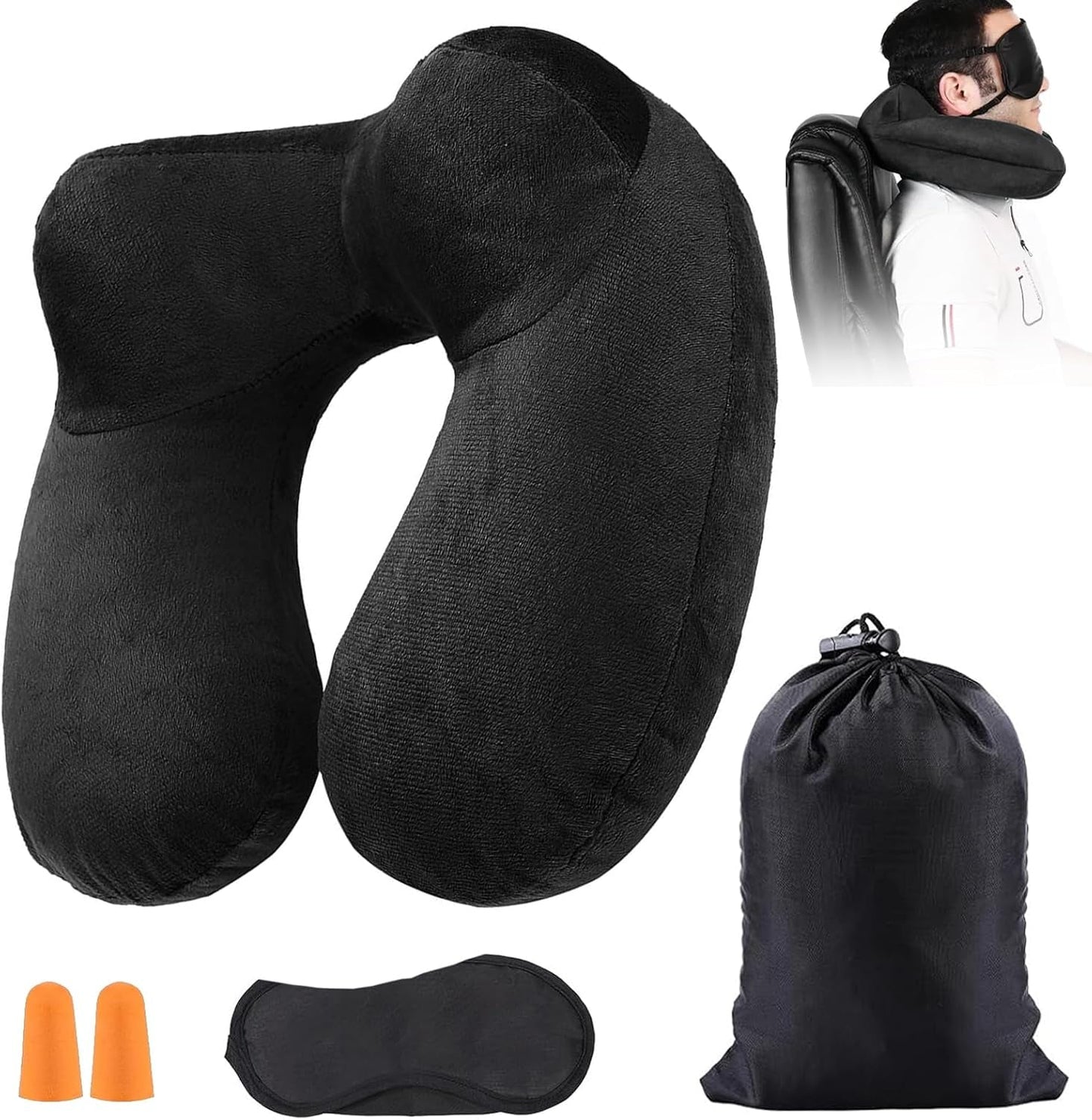 Almohada de Viaje Inflable, Almohada de Viaje con Antifaz para Dormir + Tapones para los Oídos + Bolsa de Transporte, Súper Liviana y Portátil, Ideal para Avión, Automóvil, Hogar, Oficina, Negro Naty Shop Almohadas de Viaje