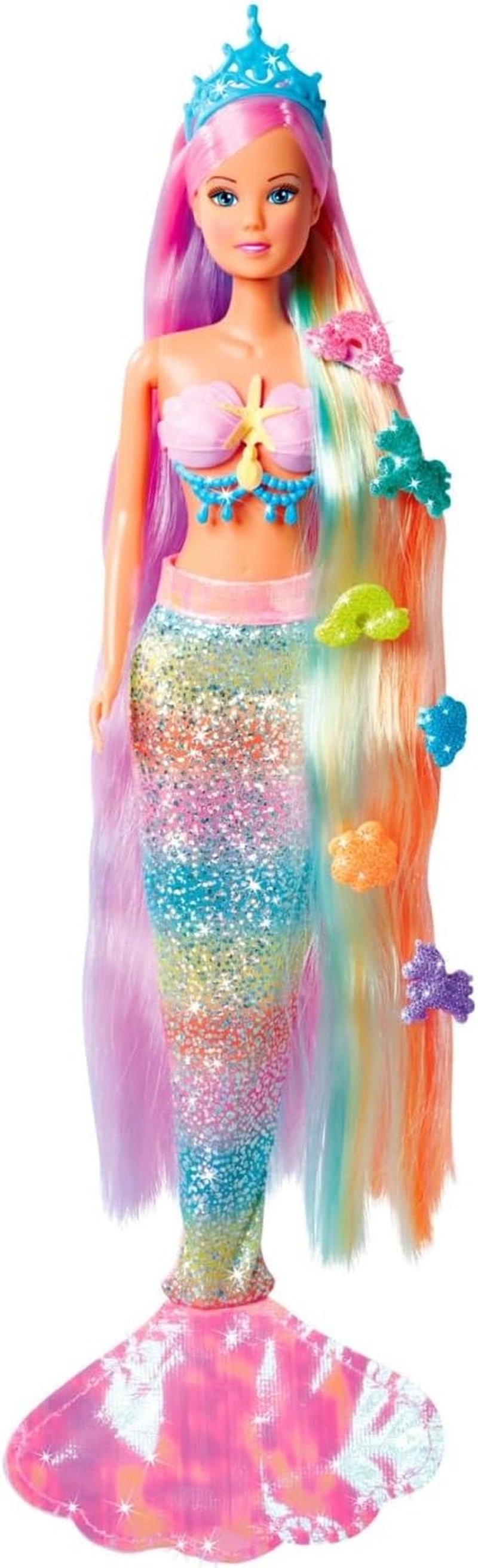 Simba 105733610 - Steffi Love Rainbow Mermaid, muñeca fashion sirena arcoíris con pelo de colores, pinzas para el pelo, peine y aleta desmontable, muñeca de juego 29 cm, a partir de 3 años