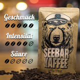 CAFÉ SEEBÄR - Café en granos extra fuerte - 500g - Baja acidez y aroma intenso - Granos enteros para cafeteras totalmente automáticas, espresso y prensa francesa - Alto contenido en cafeína y baja acidez