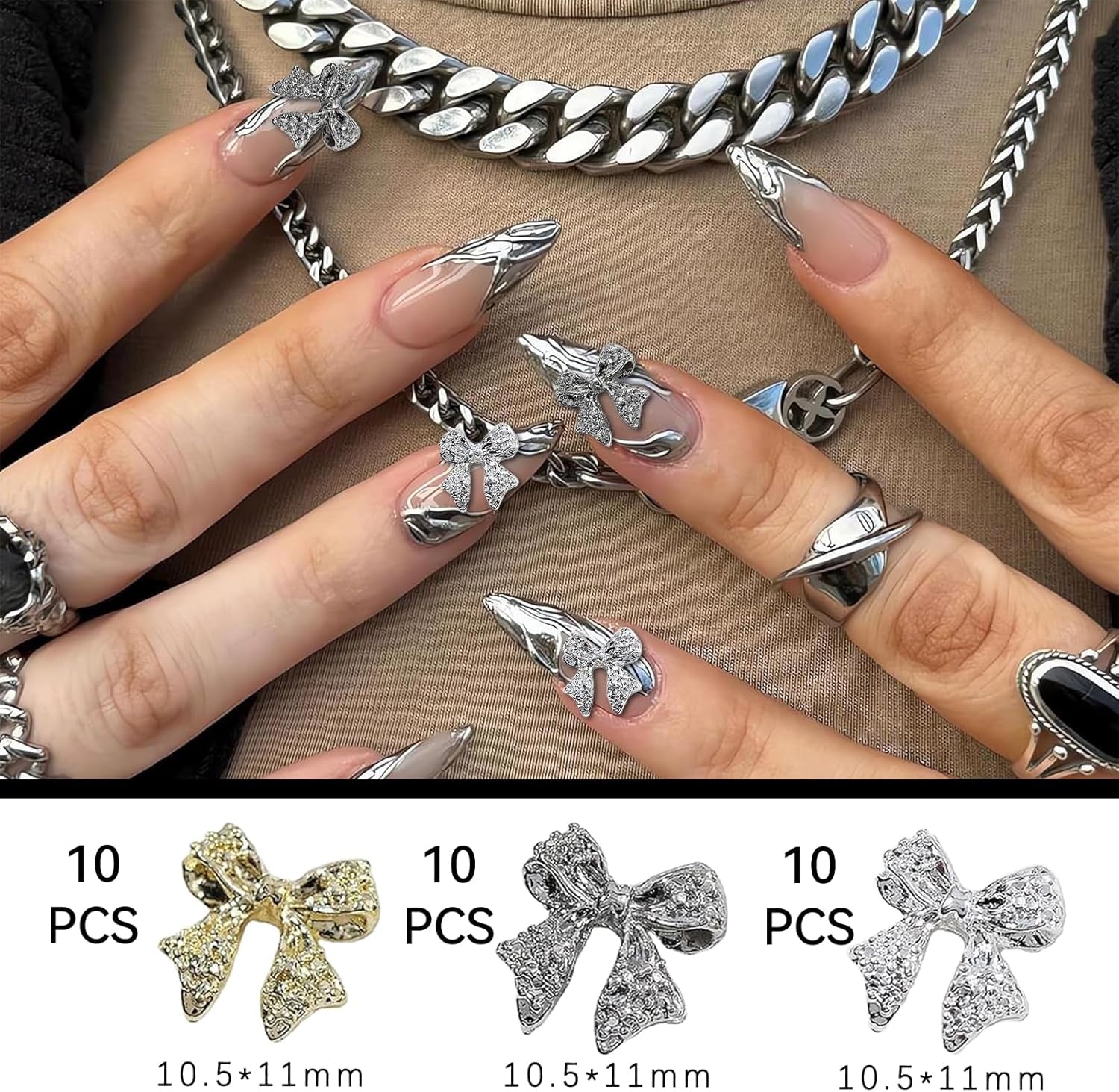 30 lazos de metal para uñas, lazos dorados, plateados y grises, accesorios para uñas, decoraciones de uñas para mujeres y niñas, diseño de uñas