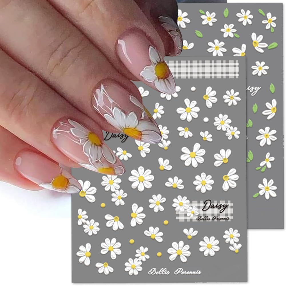 5D en relieve margaritas blancas pegatinas de uñas flores pegatinas de uñas flores pegatinas autoadhesivas pegatinas de arte de uñas margaritas accesorios de decoración de uñas pegatinas de diseño de flores arte de uñas