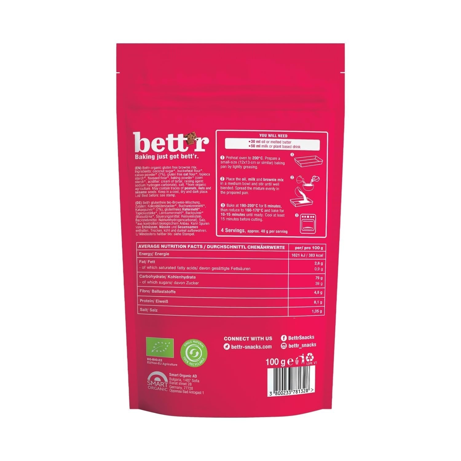 Mezcla de brownie orgánica Bettr - Brownies biológicos, veganos y sin gluten con sabor a kakaogeschmack - 400 g - 15 porciones Naty Shop