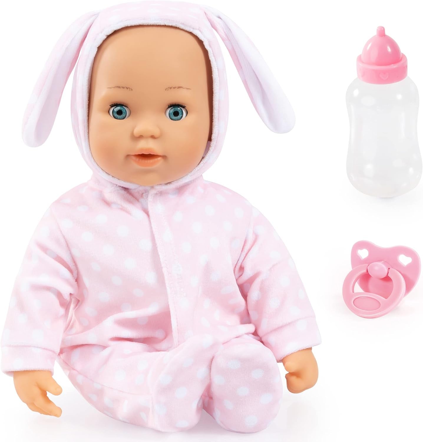 Bayer Design 93822AA Babypuppe Anna, spricht 24 Babylaute, weicher Körper, Schlafaugen, Schnuller, Flasche, 38 cm, rosa, Pequeño