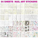FANDAMEI 54 Blätter Wassertransfer Nagelsticker & Nail Art Pinsel Set, Dotted Pens, Blattgold Für Nagelkunst, Streifenband, Strasssteine, Werkzeug Und Dekorationen Set Für Nagelkunst Maniküre Set