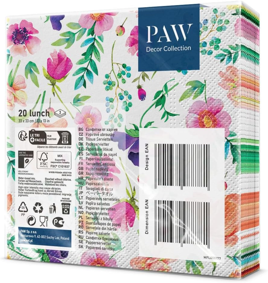 PAW - Servilletas de 3 capas (33 x 33 cm) I 20 piezas I Perfectas para cumpleaños, fiestas, bodas, comuniones y días festivos I Decoración de mesa Servilletas de papel de colores - Flores de colores Flora I Arreglo floral