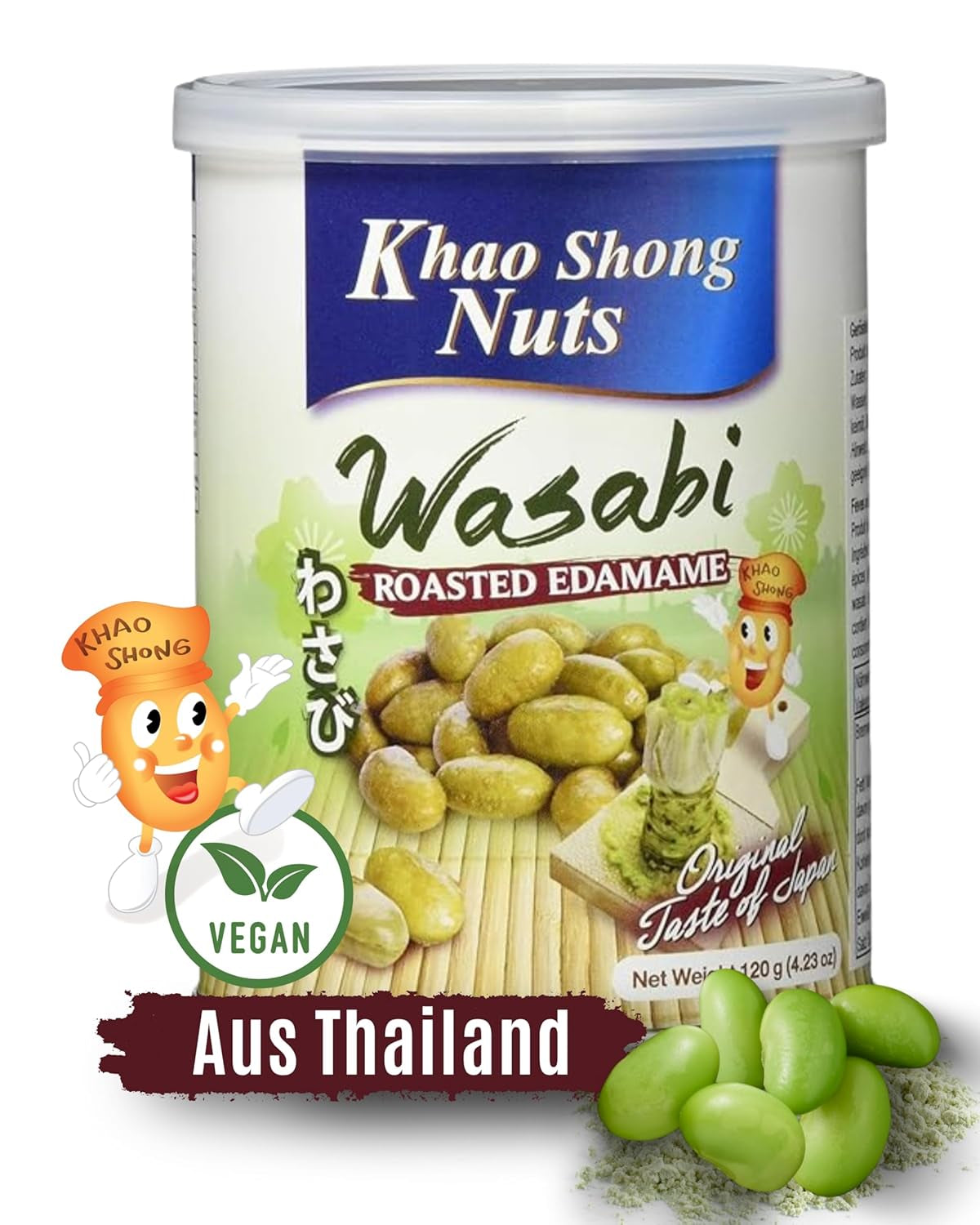 Khao Shong Guisantes verdes fritos con wasabi, guisantes crujientes rebozados picantes, una alternativa baja en grasa a las nueces, picante medio, 1 lata de 140 g | 140 gramos (1 paquete)