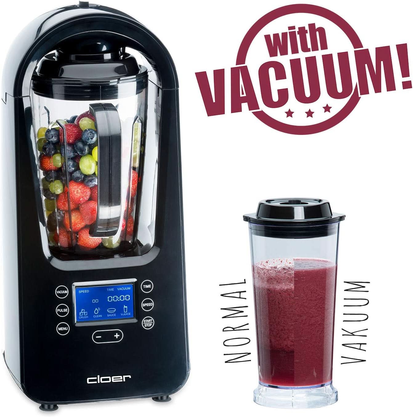 Batidora de vacío Cloer 6980 / 800 Watt / 21.000 U/Min. / Incl. Vorratsbehälter/Vakuumventil/Automatikprogramme/Eis-Crush-Funktion/Reinigungsfunktion/Schwarz, 1500 Mililitros Cocina Naty Shop