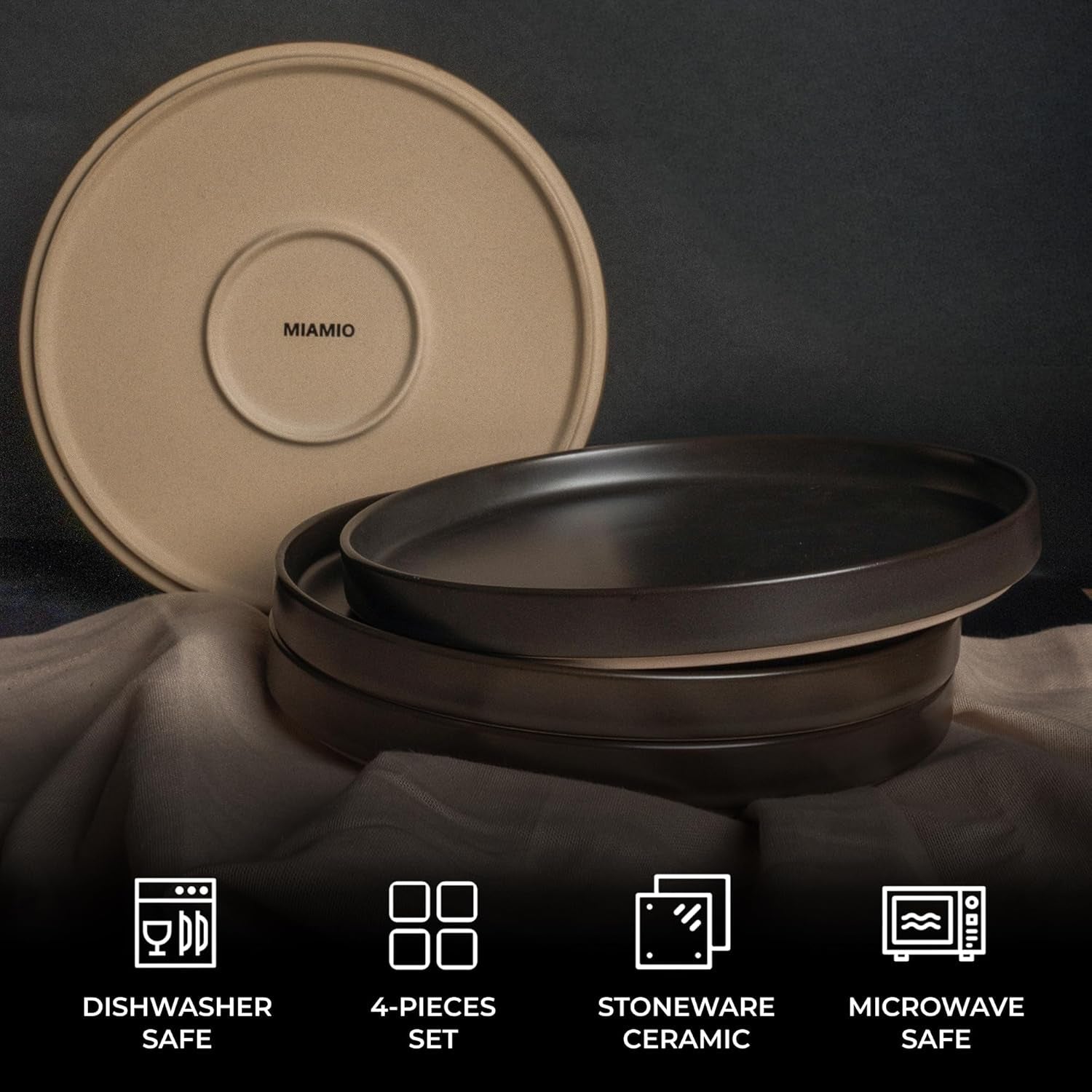 MIAMIO - Juego de Platos para 4 Personas / Vajilla de Cerámica para 4 Personas, Vajilla de Gres Apta para Lavavajillas y Microondas - Colección Sierra (Platos Oscuros, Platos Grandes (4x))