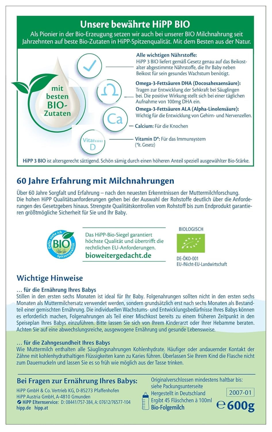 HiPP 3 Leche de continuación ecológica (4 x 600 g) - después de 10 meses, con Omega-3 (DHA, ALA), Calcio, Vitamina D, de la mejor calidad biológica
