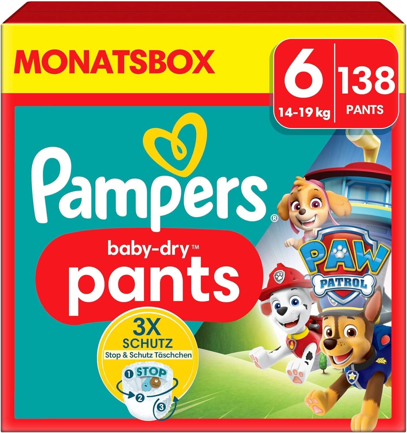 Pañales Pampers Paw Patrol Pants talla 5 (12-17Kg) Baby-Dry, Junior con bolsillo Stop and Protect, CAJA MENSUAL, 160 pañales Naty Shop