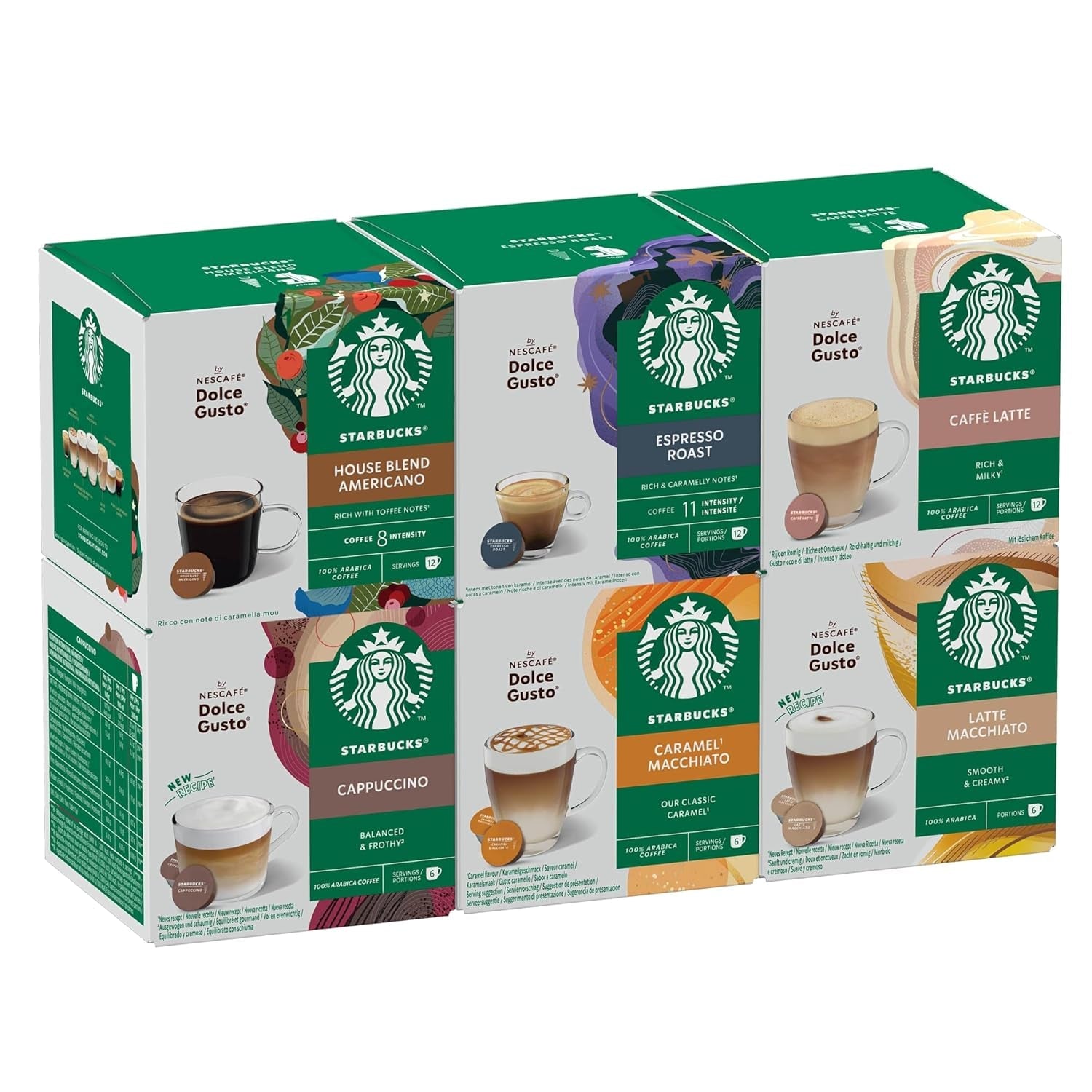 STARBUCKS Probierset, paquete variado de tazas mixtas de Nescafé Dolce Gusto Kaffeekapseln 6 x 12 (72 Kapseln) - Exklusiv bei Amazon