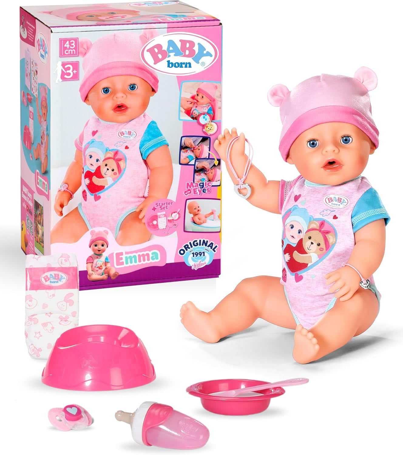 BABY Born Emma - muñeca bebé 43 cm - 10 funciones incluidos accesorios y colchón - Funciona completamente sin pilas - Apto para niños a partir de 3 años