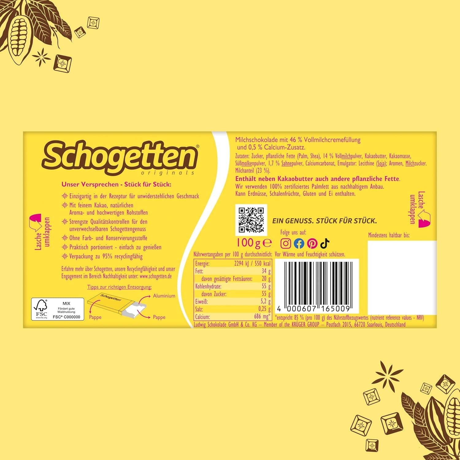 Schogetten para niños, barra de chocolate de 100 g, chocolate con leche con relleno cremoso de leche, en porciones convenientes. Un manjar. Pieza por pieza.