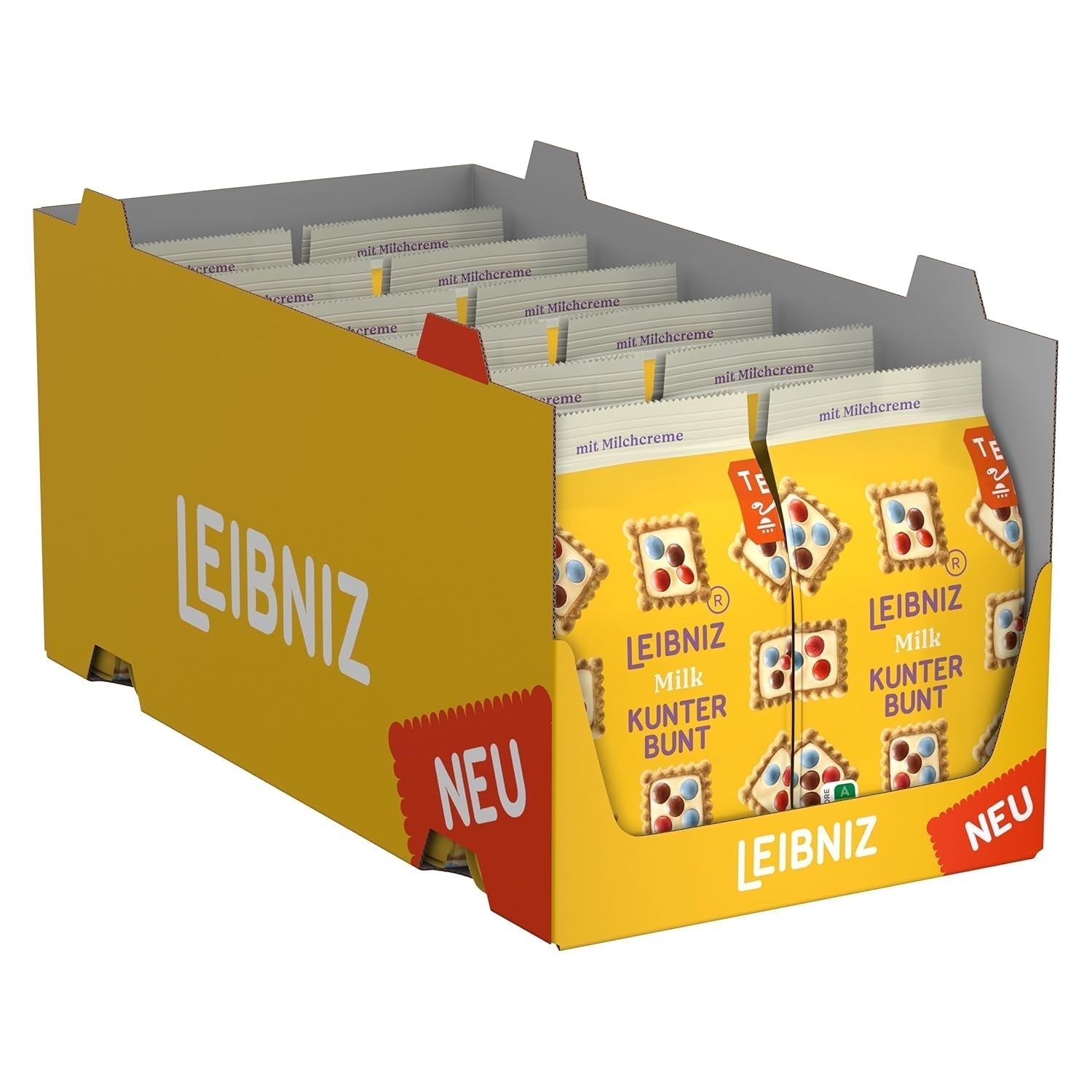 LEIBNIZ Kunterbunt Leche, paquete de 12 unidades, galletas crujientes con crema de leche y trozos de chocolate (12 x 125 g)