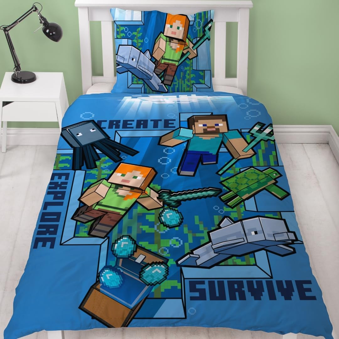 Minecraft Bettwäsche Kinderbettwäsche Jugendbettwäsche 135X200 · Unterwasserwelt · Wende Motiv · Kissenbezug 80X80 + Bettbezug 135X200 Cm · 100% Baumwolle · Deutsche Größe Naty Título predeterminado de la tienda