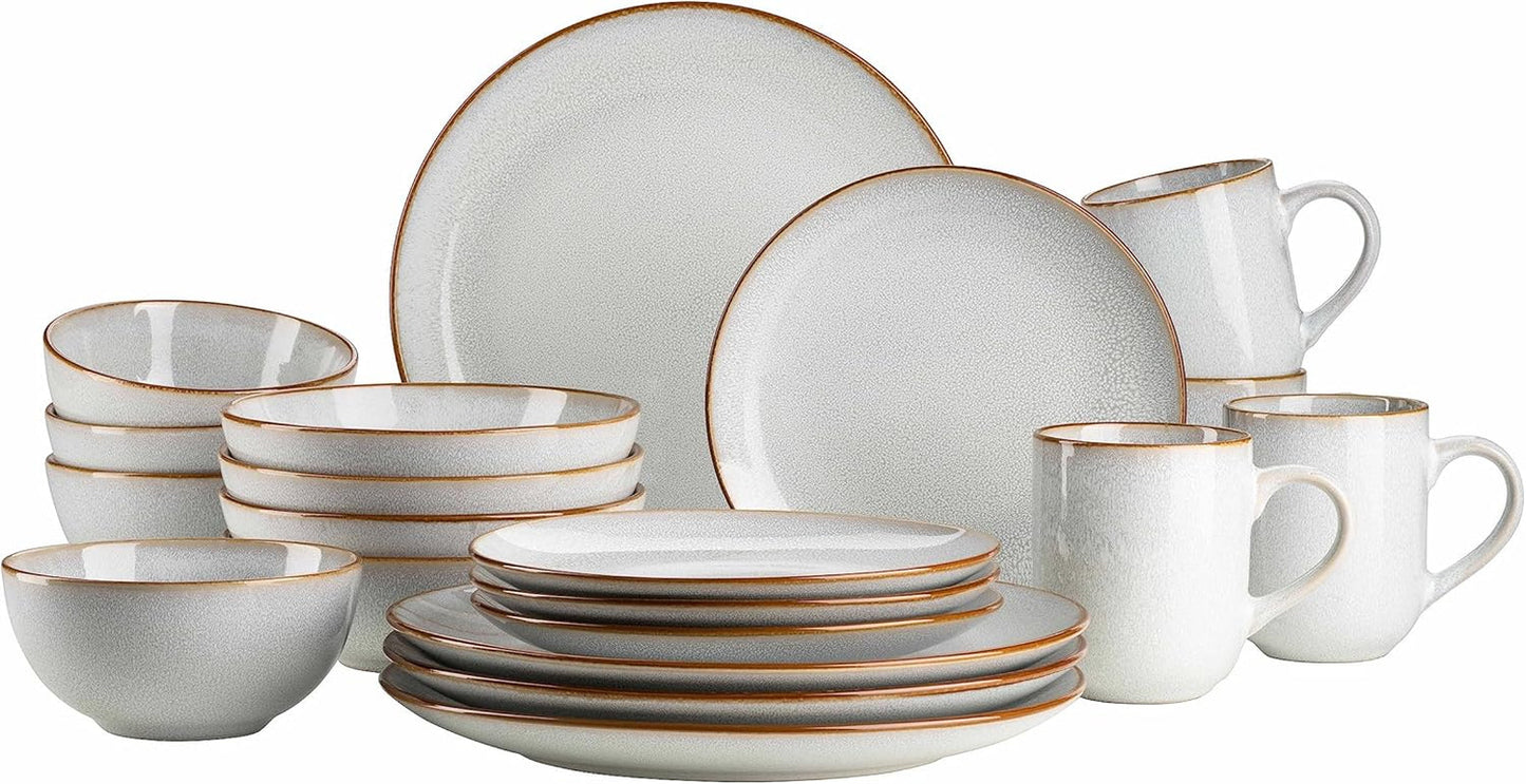 MÄSER Mabella, Vajilla vintage para 4 personas, servicio combinado de 20 piezas con refinado esmalte reactivo y fino borde marrón, Gres, Gris-Beige