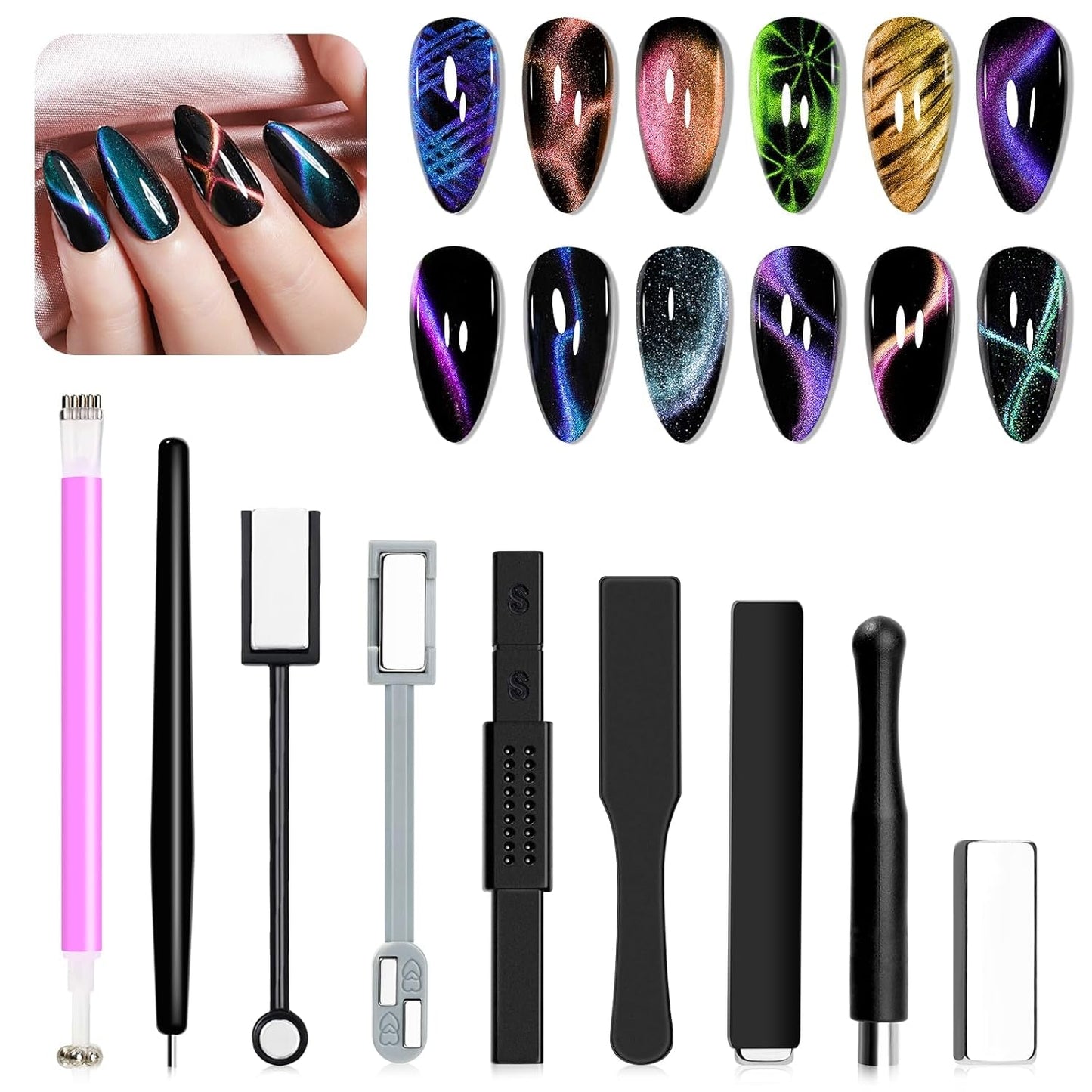SUPWEE Herramienta de imán de uñas 5 en 1, imán de ojo de gato rosa para uñas multifunción, imán magnético 3D DIY Magic Stick Pen Set Nail Art Magnet Stick para Nail Art Diy-Zubehör